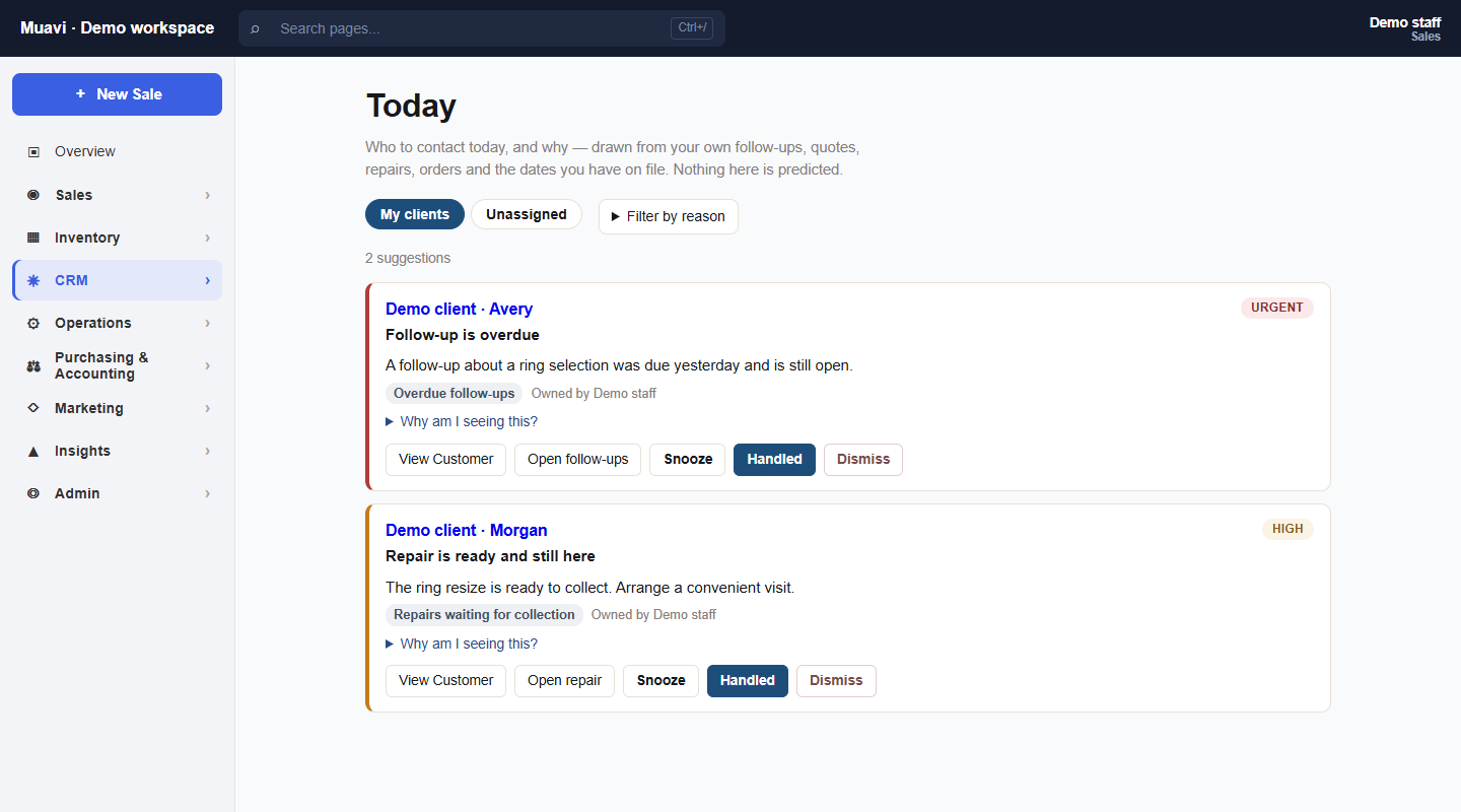 Muavi Clienteling Today with two fictional demo clients, follow-up and repair collection reasons, and customer and next-action links.