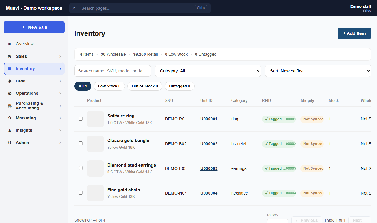 Actual Muavi inventory screen with four synthetic jewelry items, metal and karat details, unit IDs and RFID tags.