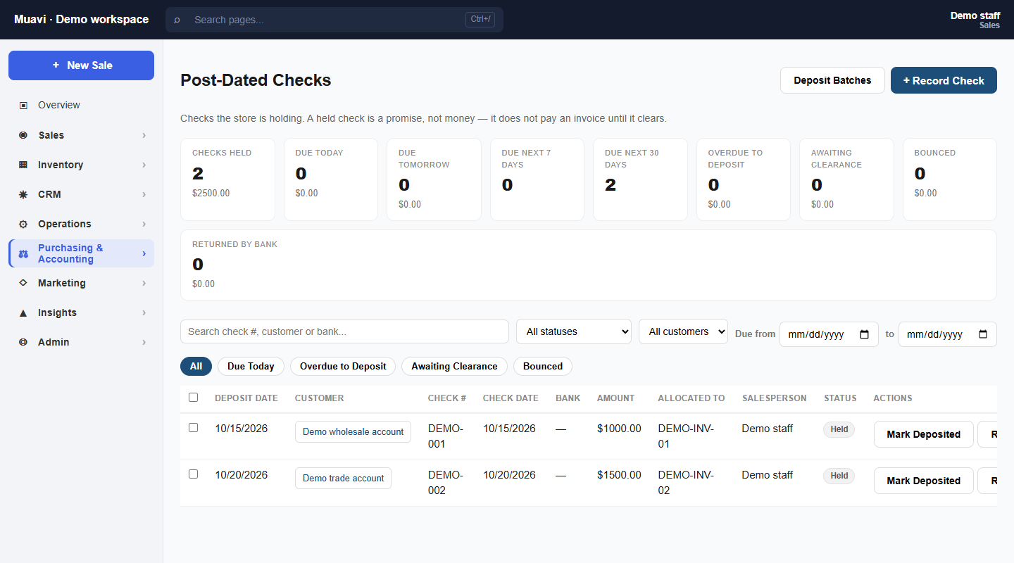 Muavi Post-Dated Checks showing synthetic held checks, deposit dates and clearing-status categories; demo amounts are not customer financial data.